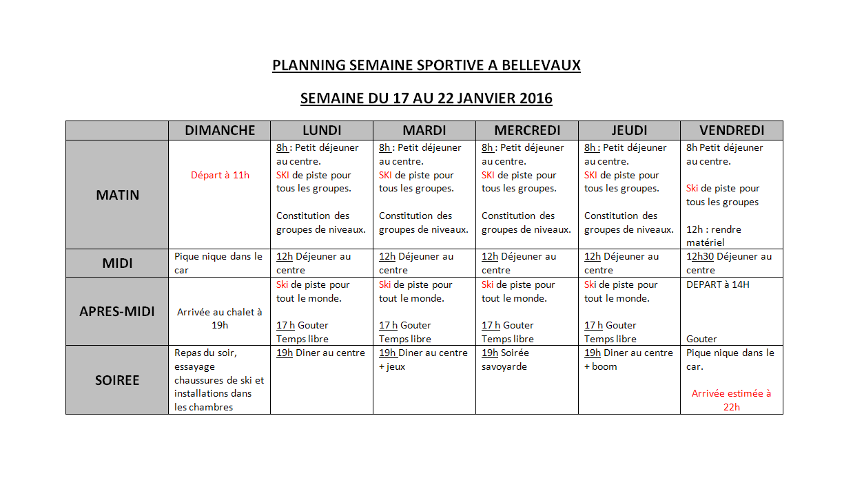 planning semaine sportive a Bellevaux